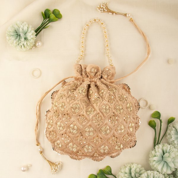 Indian Hand Crafted Zardozi Work Potli Bag With Beaded Chain For Women|| Evening Bags|| Embroidery Handbag