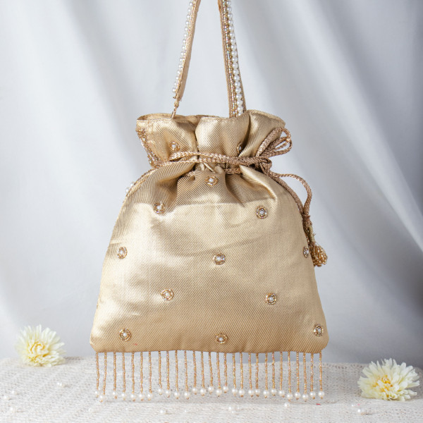 Luminous Golden Mirror Work Potli Bag with Pearl Fringes and Beaded Handle ✨??