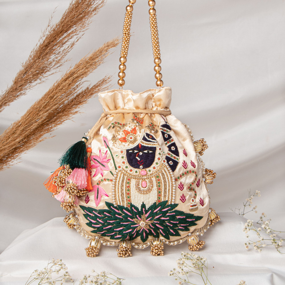 Image of Lotus Shrinathji Embroidered Potli Bag - Traditional Festive Handbag