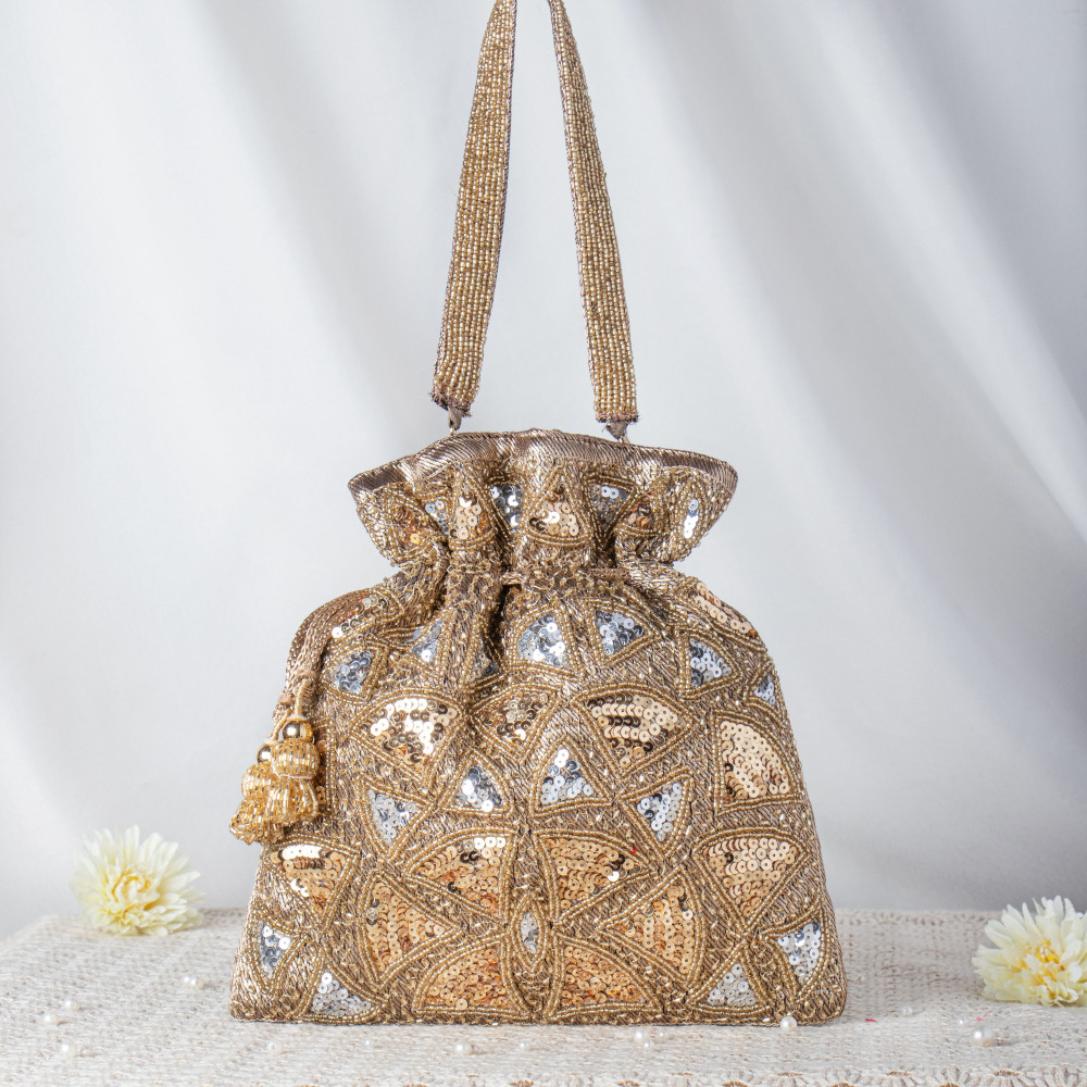 Image of Dazzling Gold &amp; Silver Geometric Sequin Potli Bag – Full-Work Beaded Evening Clutch ✨?
