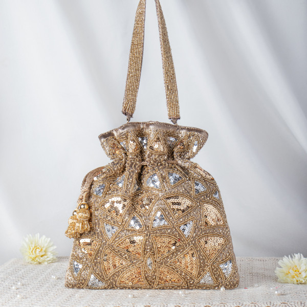 Dazzling Gold & Silver Geometric Sequin Potli Bag – Full-Work Beaded Evening Clutch ✨?