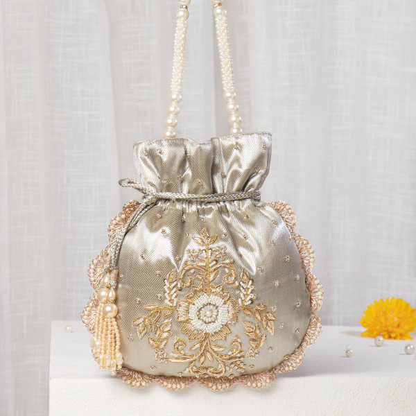 Ivory Silk Pearl-Encrusted Potli
