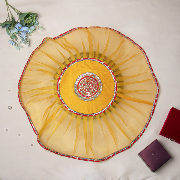 Rani Decorative Traditional Indian Gota Embellish Organza Thali Cover Pooja Thali | Handmade Aarti Thali Cover | Thaal Cover