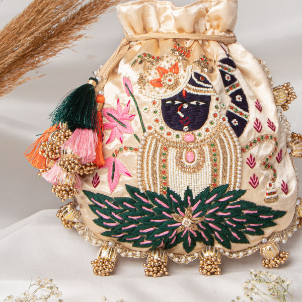 Lotus Shrinathji Embroidered Potli Bag - Traditional Festive Handbag