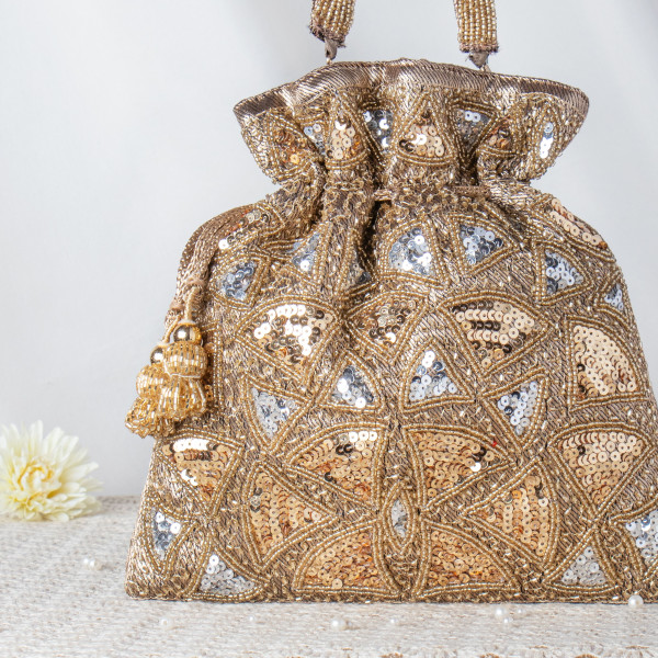 Dazzling Gold & Silver Geometric Sequin Potli Bag – Full-Work Beaded Evening Clutch ✨?