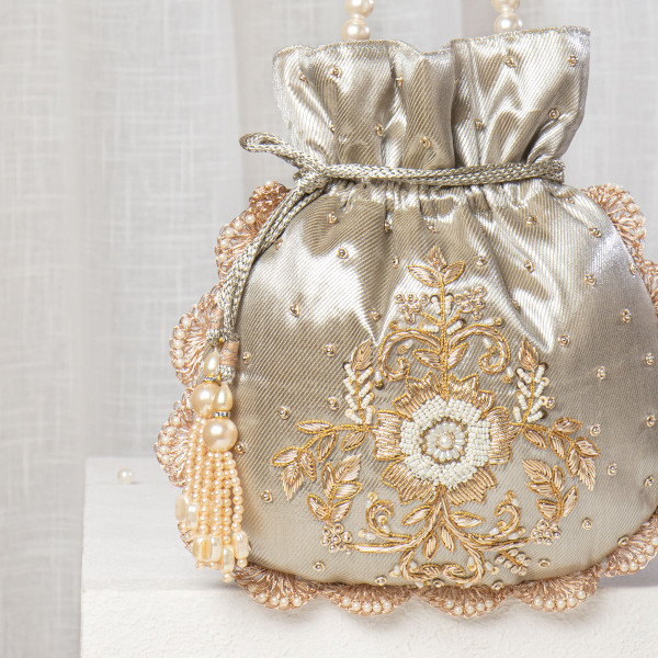 Ivory Silk Pearl-Encrusted Potli