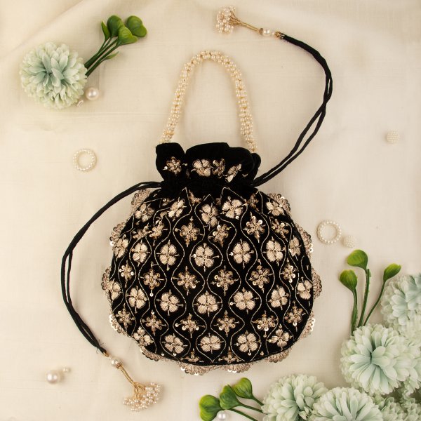 Indian Hand Crafted Zardozi Work Potli Bag With Beaded Chain For Women|| Evening Bags|| Embroidery Handbag