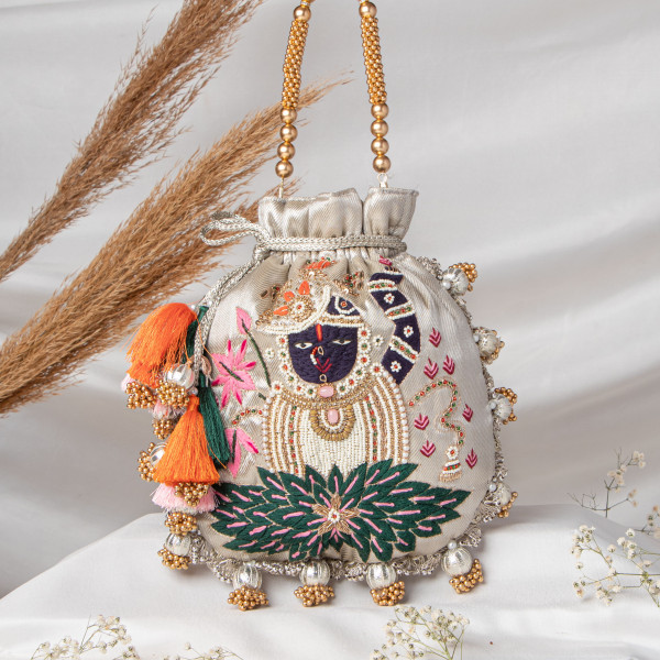 Water Gold Lotus Shrinathji Embroidered Potli Bag - Traditional Festive Handbag
