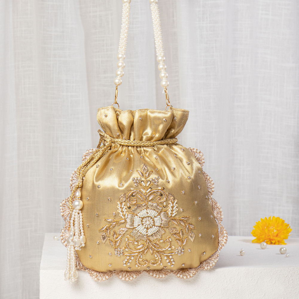 Image of Shimmering Ivory Tissue Zardosi Potli – Hand-Embellished Scalloped Bridal Bag