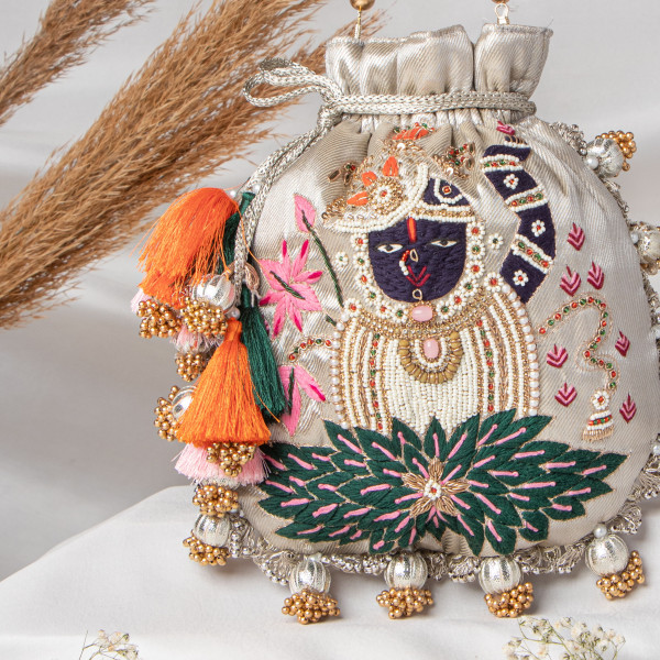 Water Gold Lotus Shrinathji Embroidered Potli Bag - Traditional Festive Handbag