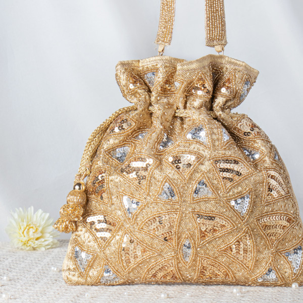Gold & Silver Starburst Sequin Potli Bag – Artisan Beaded Geometric Evening Purse ✨⭐