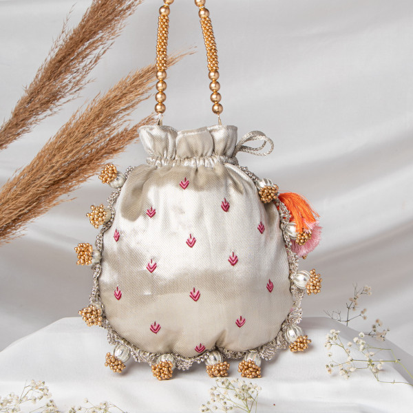 Water Gold Lotus Shrinathji Embroidered Potli Bag - Traditional Festive Handbag