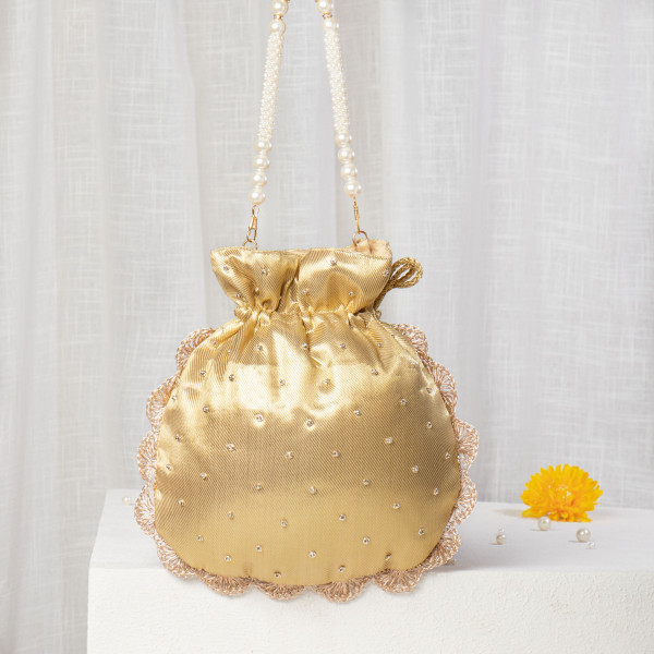 Shimmering Ivory Tissue Zardosi Potli – Hand-Embellished Scalloped Bridal Bag