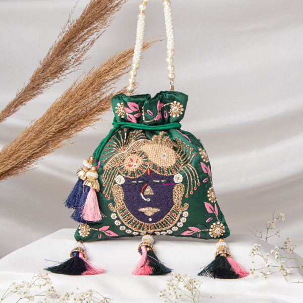 Mukharbin Shrinath Ji Embroidered Heritage Potli Bag – Emerald Green