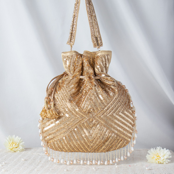 Dazzling Gold & Silver Geometric Sequin Potli Bag – Full-Work Beaded Evening Clutch ✨?