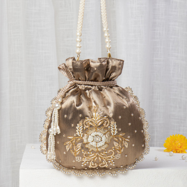 Antique Gold Metallic Tissue Zardosi Potli – Hand-Embellished Scalloped Bridal Bag