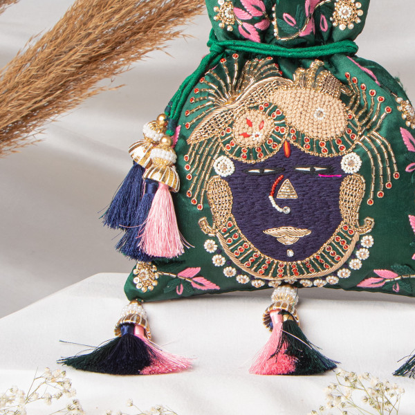 Mukharbin Shrinath Ji Embroidered Heritage Potli Bag – Emerald Green