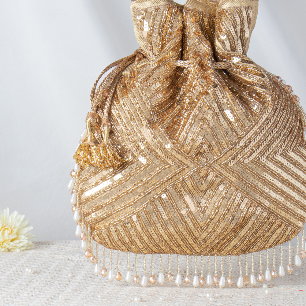 Image of Dazzling Gold &amp; Silver Geometric Sequin Potli Bag – Full-Work Beaded Evening Clutch ✨?
