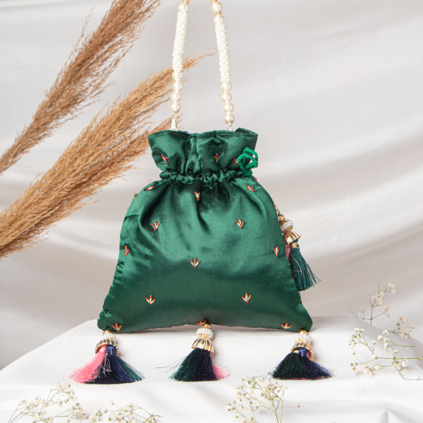 Mukharbin Shrinath Ji Embroidered Heritage Potli Bag – Emerald Green