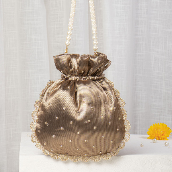 Antique Gold Metallic Tissue Zardosi Potli – Hand-Embellished Scalloped Bridal Bag