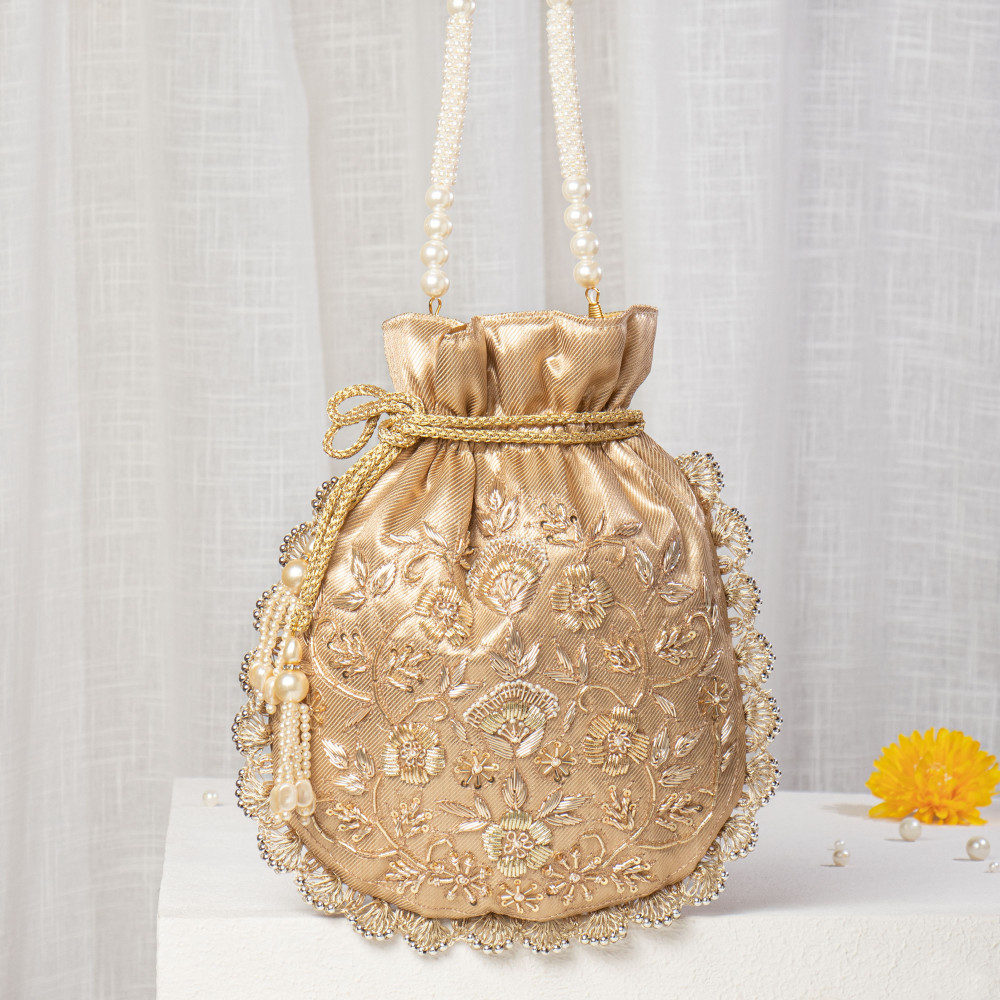 Image of Gold Hand-Embroidered Potli Bag | Luxury Wedding Purse