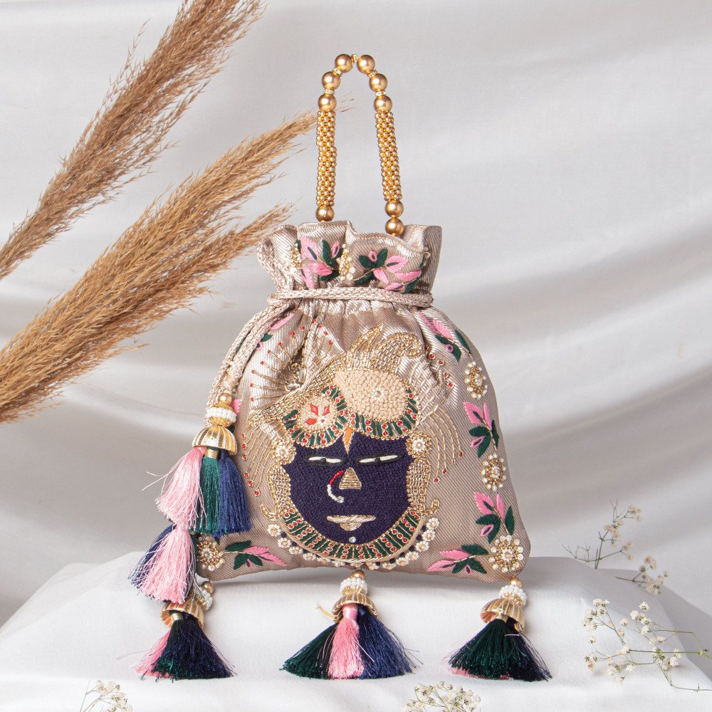 Image of Mukharbin Shrinath Ji Embroidered Heritage Potli Bag – COPPER