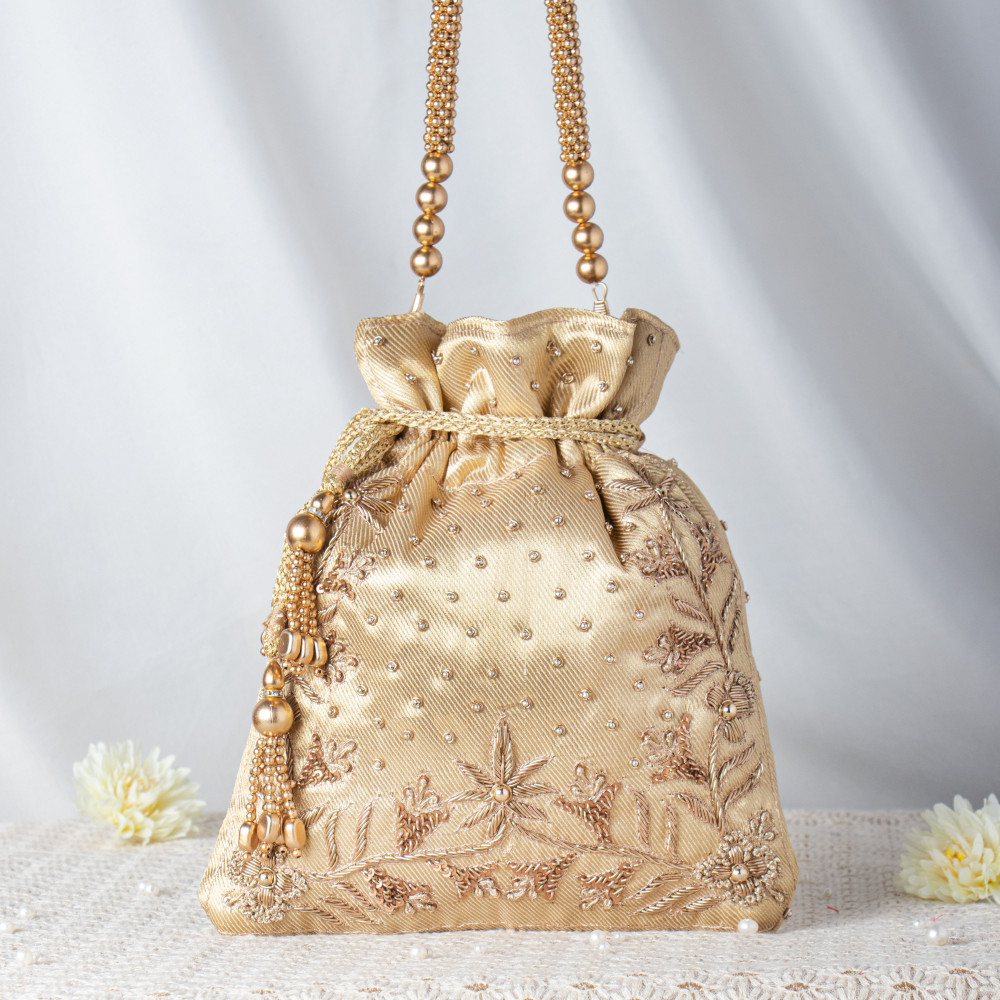 Image of Gold Satin Nakshi Embroidered Potli Bag – Vintage Floral Handwork with Beaded Sphere Handle ✨?