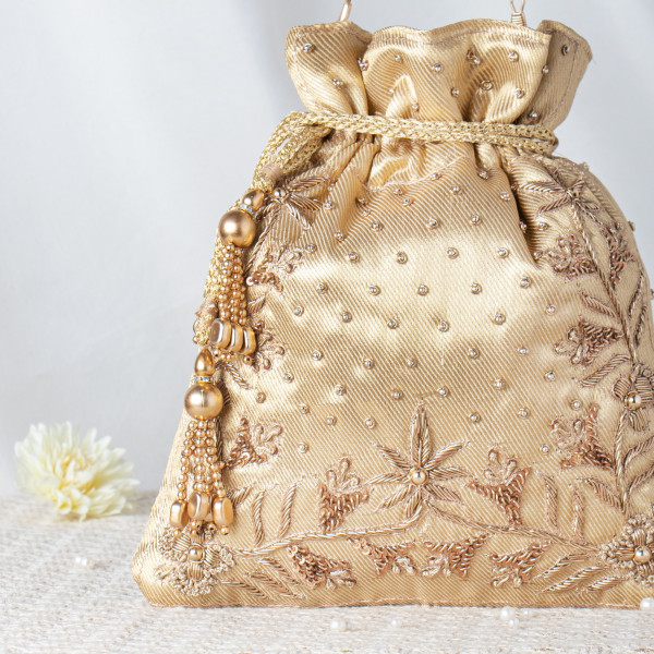 Gold Satin Nakshi Embroidered Potli Bag – Vintage Floral Handwork with Beaded Sphere Handle ✨?