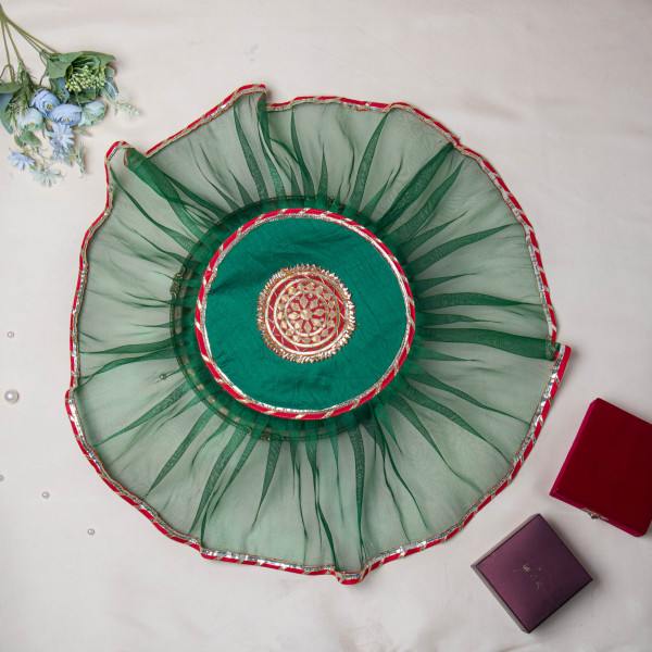 Rani Decorative Traditional Indian Gota Embellish Organza Thali Cover Pooja Thali | Handmade Aarti Thali Cover | Thaal Cover