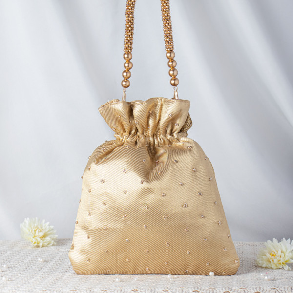 Gold Satin Nakshi Embroidered Potli Bag – Vintage Floral Handwork with Beaded Sphere Handle ✨?