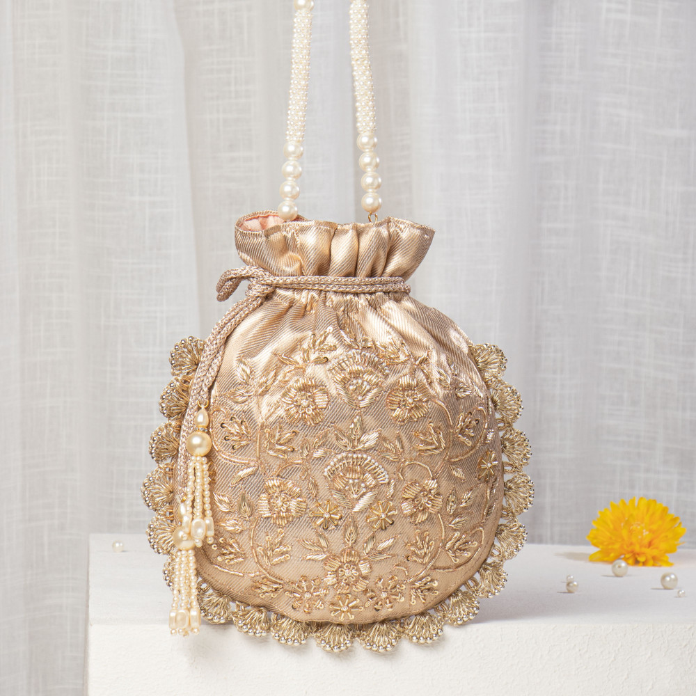 Image of Champagne Gold Tissue Silk Potli with Heavy Floral Zardosi &amp; Beaded Scallop Border