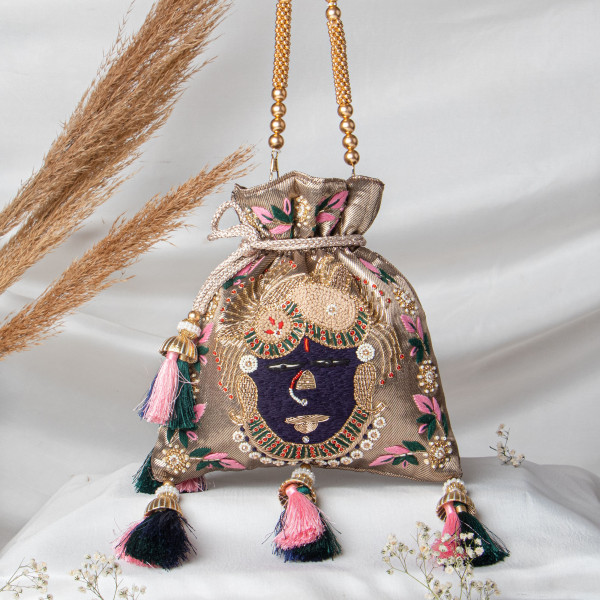 Mukharbin Shrinath Ji Embroidered Heritage Potli Bag – Antique Gold