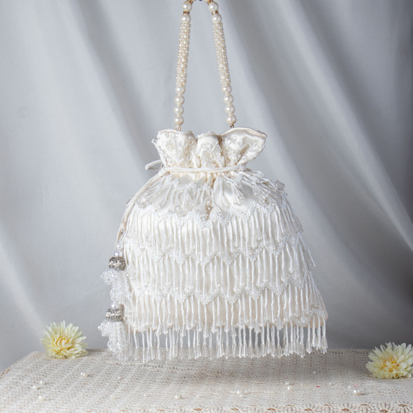 Ethereal Pure White Satin Potli Bag with Crystal Waterfall Fringes and Glass Beadwork ❄️✨
