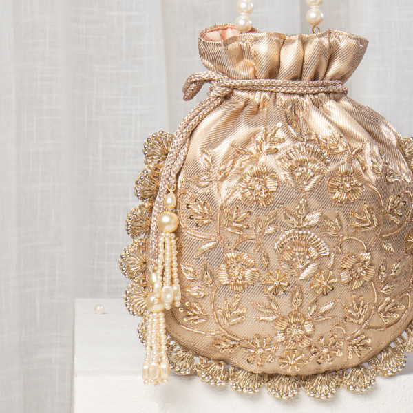 Champagne Gold Tissue Silk Potli with Heavy Floral Zardosi & Beaded Scallop Border