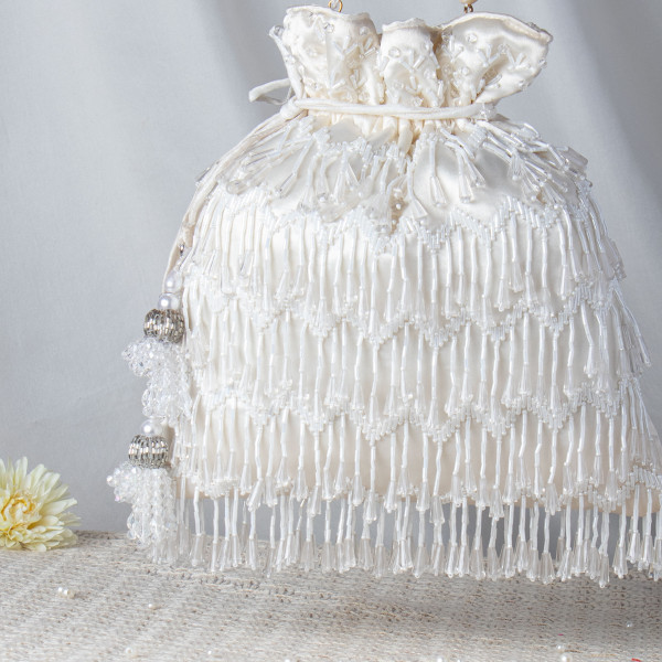 Ethereal Pure White Satin Potli Bag with Crystal Waterfall Fringes and Glass Beadwork ❄️✨
