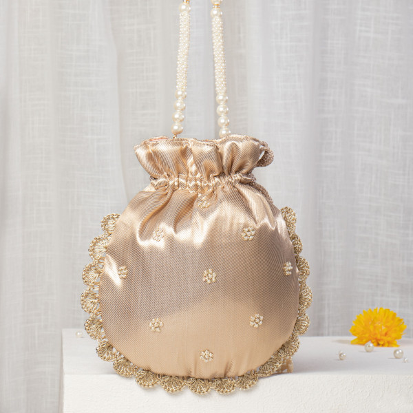 Champagne Gold Tissue Silk Potli with Heavy Floral Zardosi & Beaded Scallop Border