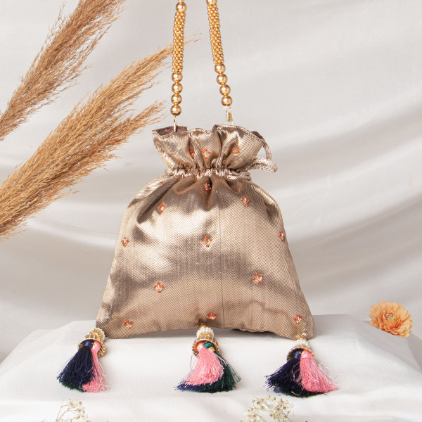 Mukharbin Shrinath Ji Embroidered Heritage Potli Bag – Antique Gold