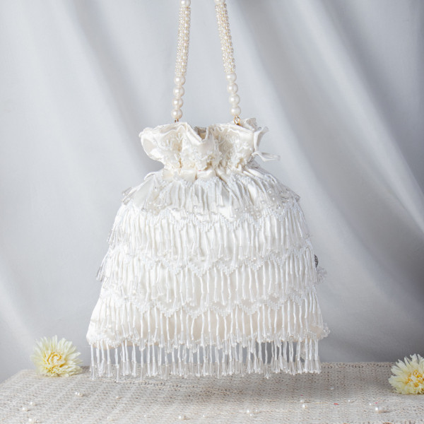 Ethereal Pure White Satin Potli Bag with Crystal Waterfall Fringes and Glass Beadwork ❄️✨