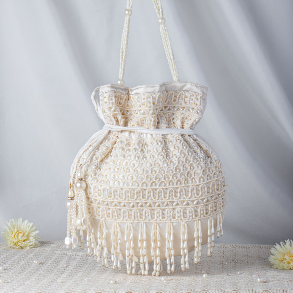 Handcrafted Off-White Pearl Potli Bag – Luxury Beaded Bridal Batua with Waterfall Fringe