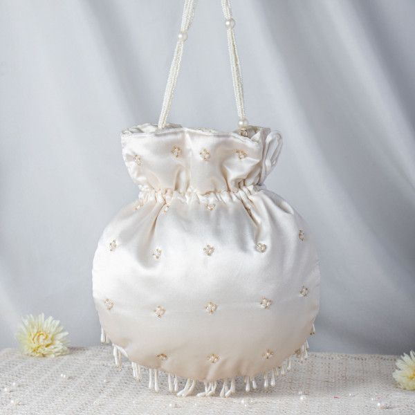 Handcrafted Off-White Pearl Potli Bag – Luxury Beaded Bridal Batua with Waterfall Fringe