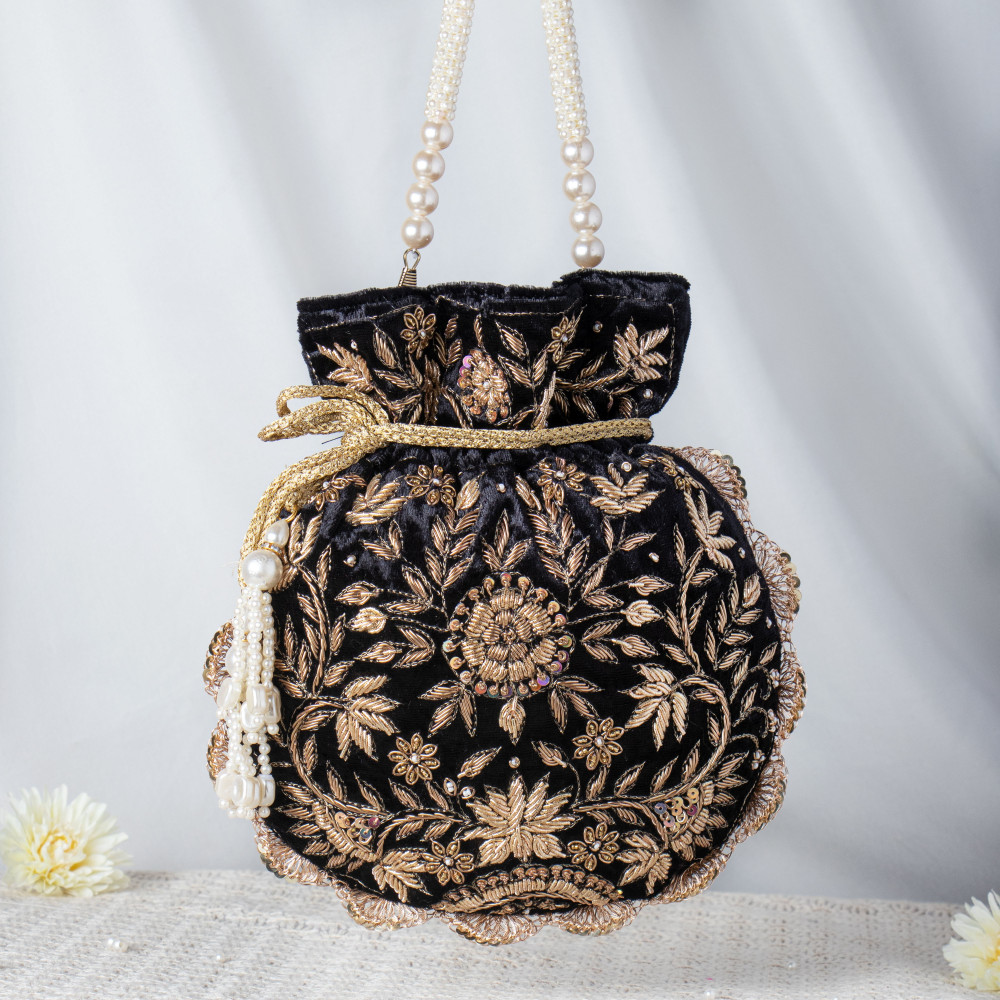 Image of Black Velvet Antique Gold Zardosi Potli – Hand-Embellished Scalloped Bridal Bag