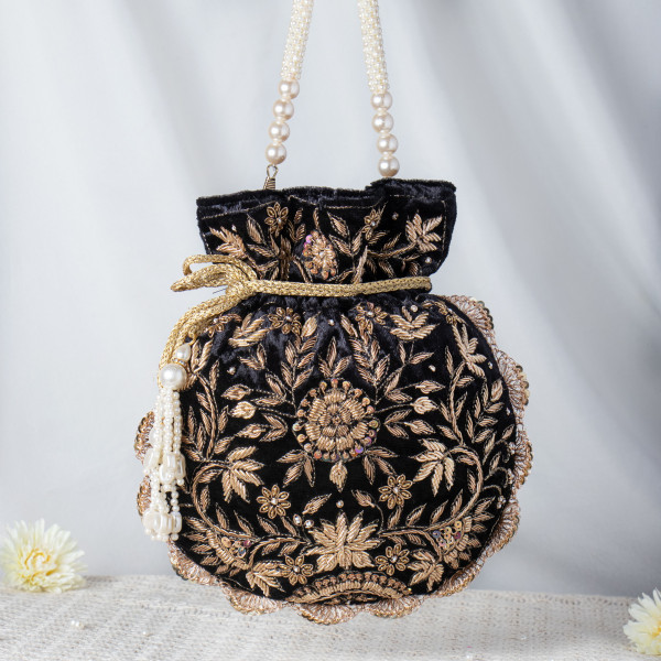 Black Velvet Antique Gold Zardosi Potli – Hand-Embellished Scalloped Bridal Bag