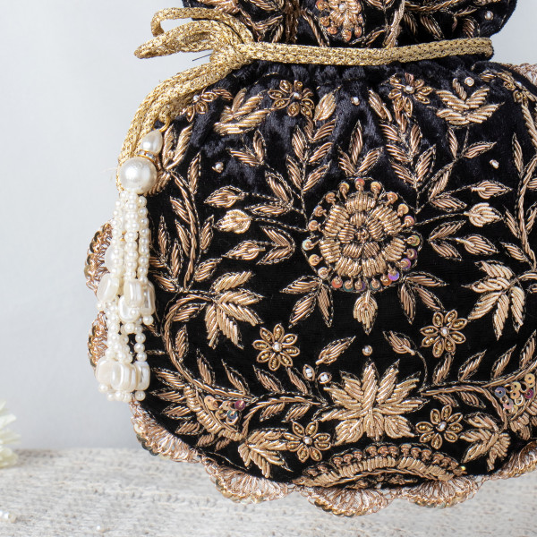 Black Velvet Antique Gold Zardosi Potli – Hand-Embellished Scalloped Bridal Bag