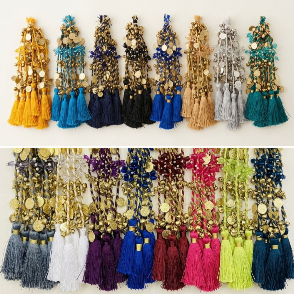 Image of Festive Decorative Tassels with Coins, Ghungroos &amp; Pearls – 14 Colours | Pack of 12