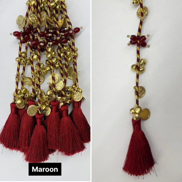 Festive Decorative Tassels with Coins, Ghungroos & Pearls – 14 Colours | Pack of 12