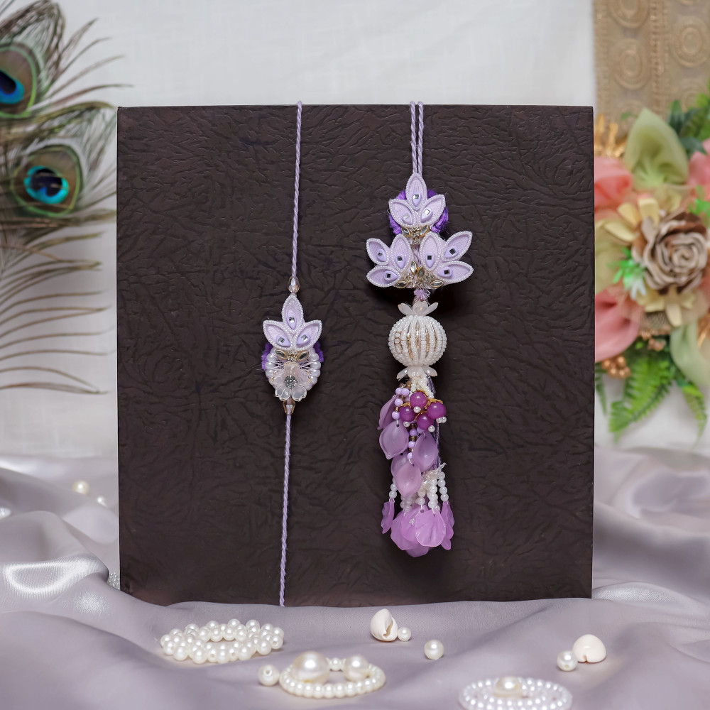 Image of Designer Lavender Bhai Bhabhi Rakhi Set | Matching Brother &amp; Bhabhi Lumba Pair