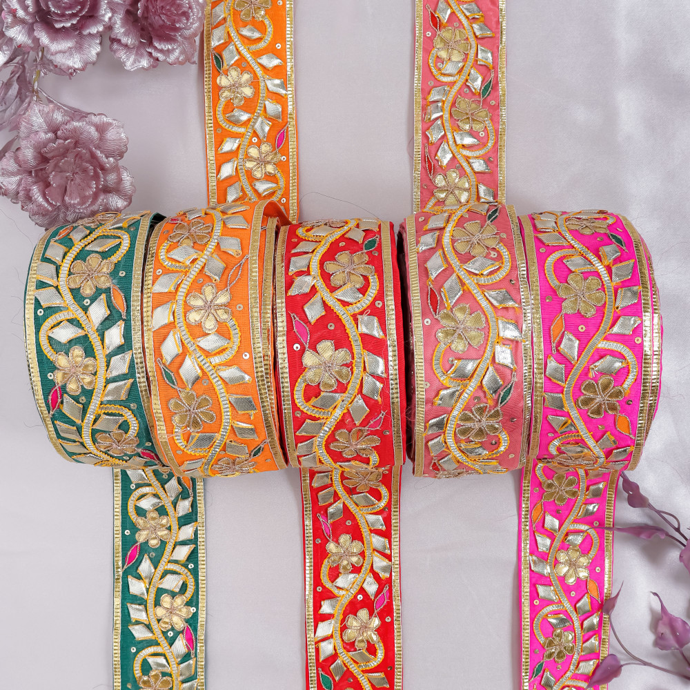 Image of Ethnic Gota Patti Lace Border – Metallic Gold Floral Trim for Saree &amp; Craft DIY
