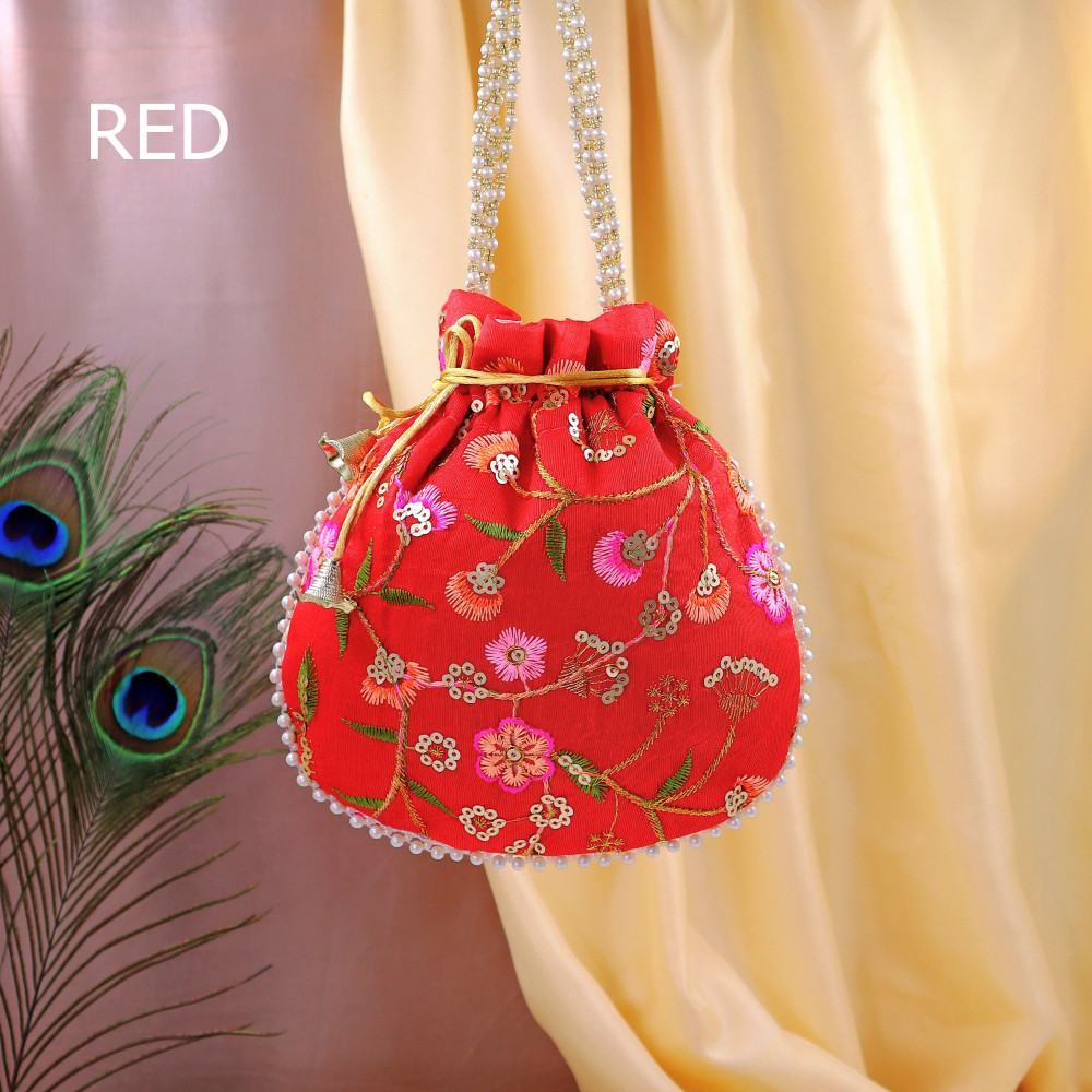 Image of Pack of 10pc Vibrant Multi-Thread Embroidered Festive Potli Bag