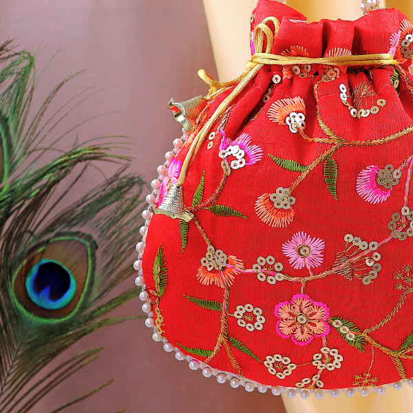 Pack of 10pc Vibrant Multi-Thread Embroidered Festive Potli Bag