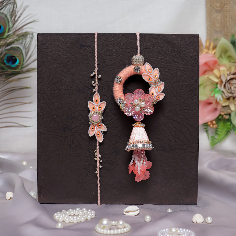 Image of Elegant Peach Bhai Bhabhi Rakhi Pair | Traditional Lumba Rakhi Set